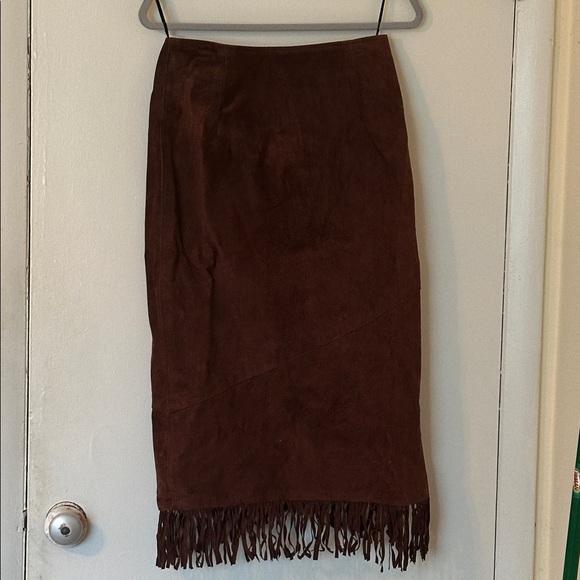 Vintage Brown 100% Suede Leather Fringe Wrap Midi Skirt - Kenar Leathers. - Picture 2 of 11